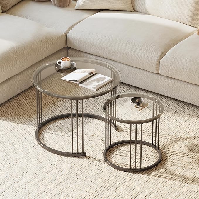 Garden 4 you Nesting Coffee Table, 23.6" Round Coffee Table Set of 2, Glass - Image 4