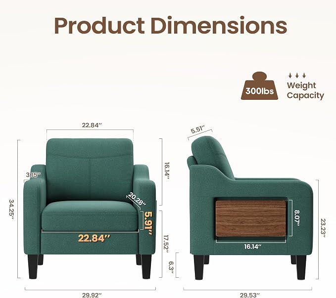 Accent Chair for Living Room Modern Linen Upholstered Armchair Side Wooden - Image 2