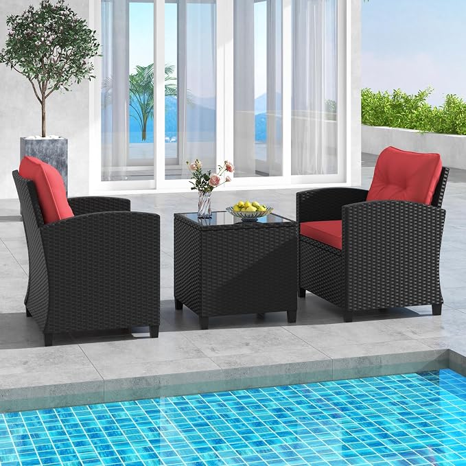HAPPYGRILL 3 Pieces Wicker Patio Conversation Set, PE Rattan Bistro Sofa Set - Image 3