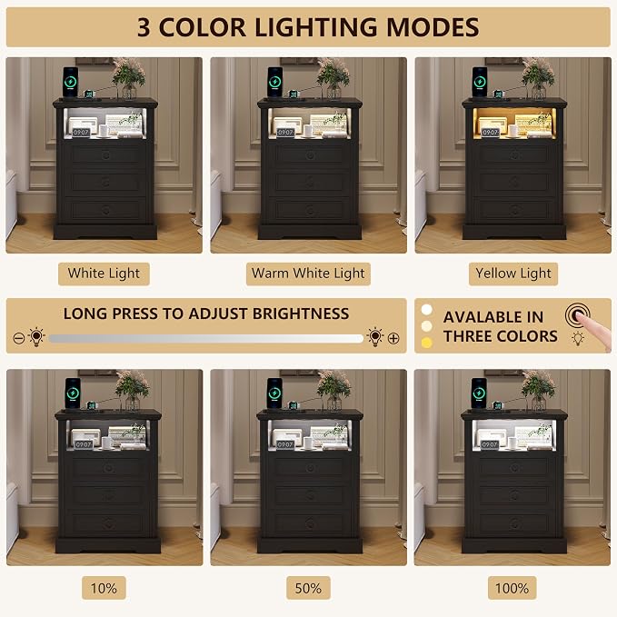 Nightstand Set 2 with Charging Station, Farmhouse End Side Table with 3 Drawers - Image 3