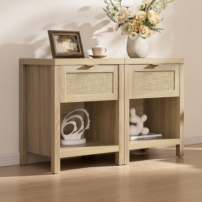 SICOTAS Rattan Nightstands Set of 2, Farmhouse Night Stand Bedside Table - Image 6