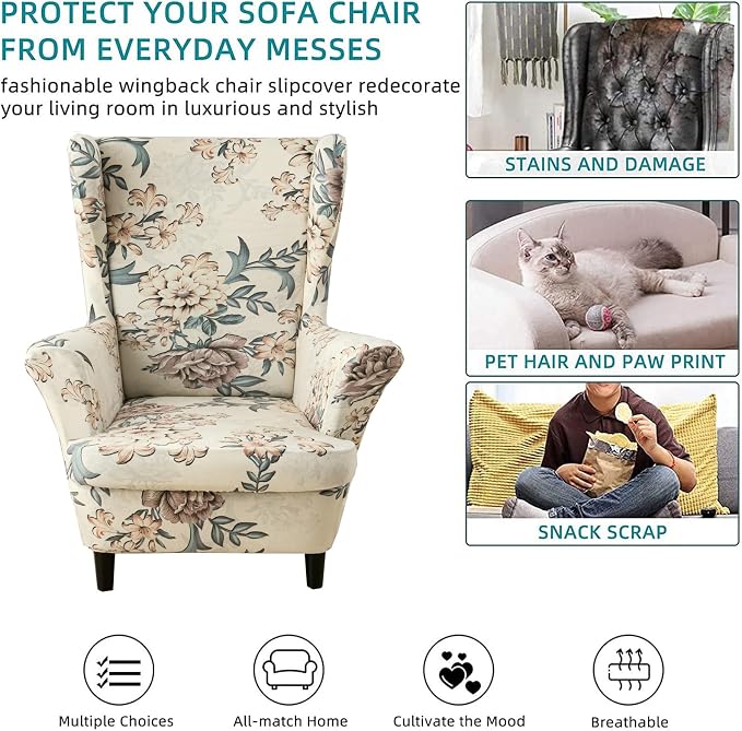 KRFOONN Velvet Wing Chair Slipcovers 2 Piece Stretch Printed Wingback Chair - Image 6