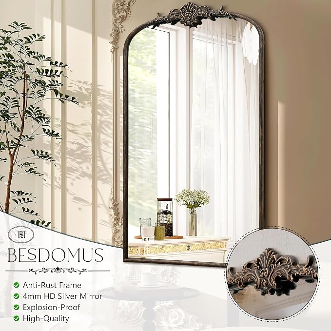 Besdomus Vintage Black Arched Mirror: 24"x42" French Large Arch Black Antique - Image 6