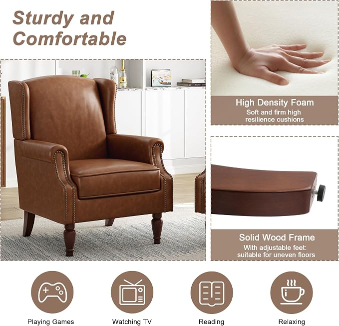 Pia Ricco Set of 2 Faux Leather Accent Chairs, High Back Wingback Armchairs - Image 4