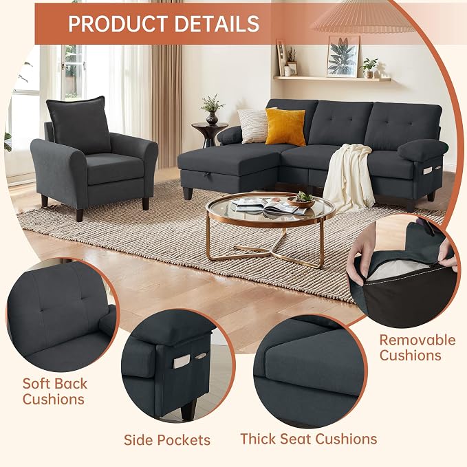2PCS Sectional Sofa Set with Ottoman, Modern Linen 4 Seater Couch Set with Side - Image 3