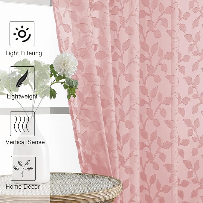 Chyhomenyc Blush Pink Sheer Curtains 30 Inch Length, Light Filtering Leaf - Image 6