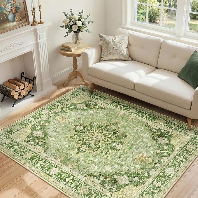 RELEANY Area Rugs 4'x5' Washable Non-Slip, Floral Vintage Distress Print by RELEANY