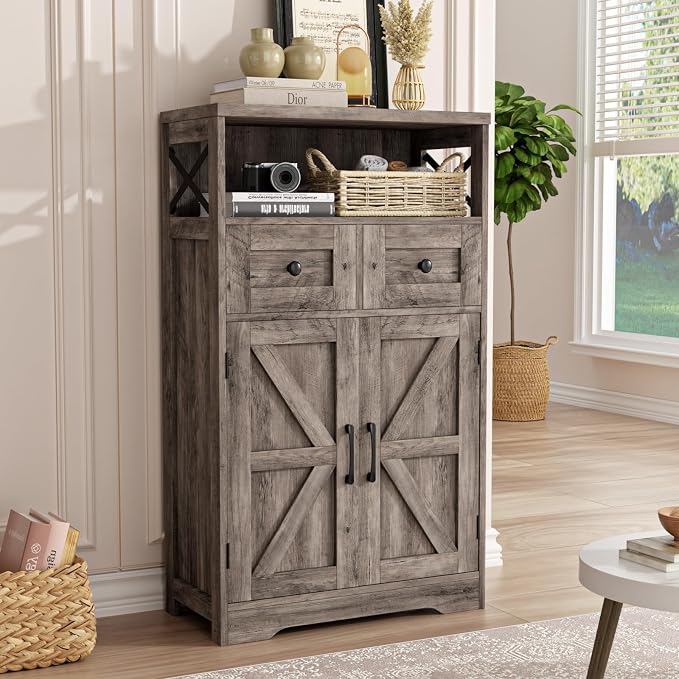 Farmhouse Storage Cabinet with Barn Doors and Open Shelf, Kitchen Pantry with by FiveWillowise
