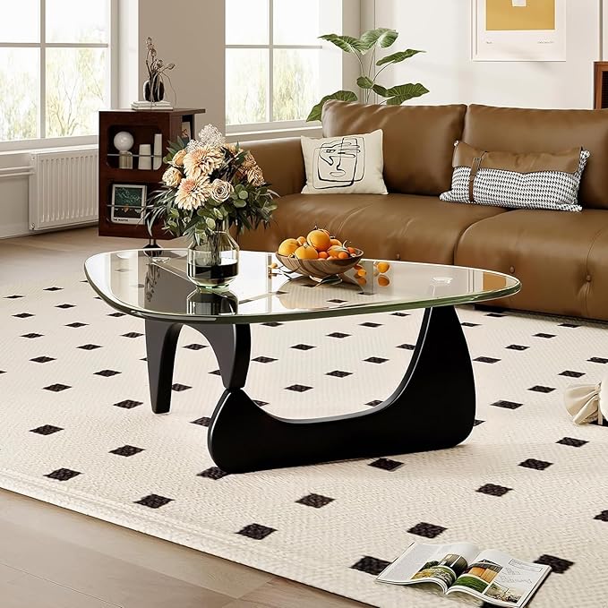 35.8" Modern Coffee Table, Triangle Tempered Glass & Sturdy Solid Legs by PRITIY