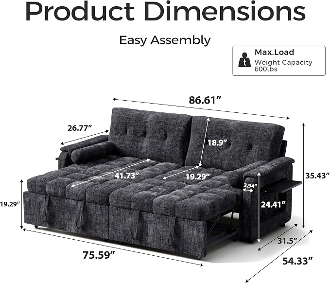 Convertible Sleeper Sofa Bed, 86 Inch Chenille Pull Out Couch - Image 2