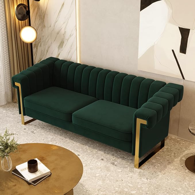 Mid-Century Modern Green Velvet Sofa - Image 7