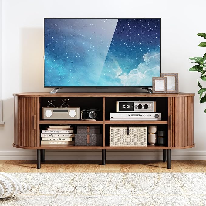 55" TV Stand with Power Outlet, Mid-Century Modern Television Stand, Fluted - Image 5