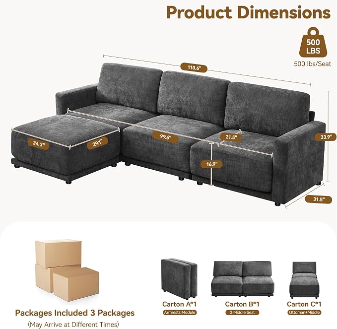 110.6" L Shaped Sectional Sofa, Modular Cloud Deep Seat Couch - Image 2