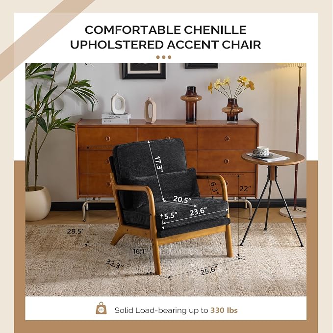 VINGLI Chenille Mid-Century Modern Accent Chair Set of 2, Cute Reading Arm Chair - Image 2