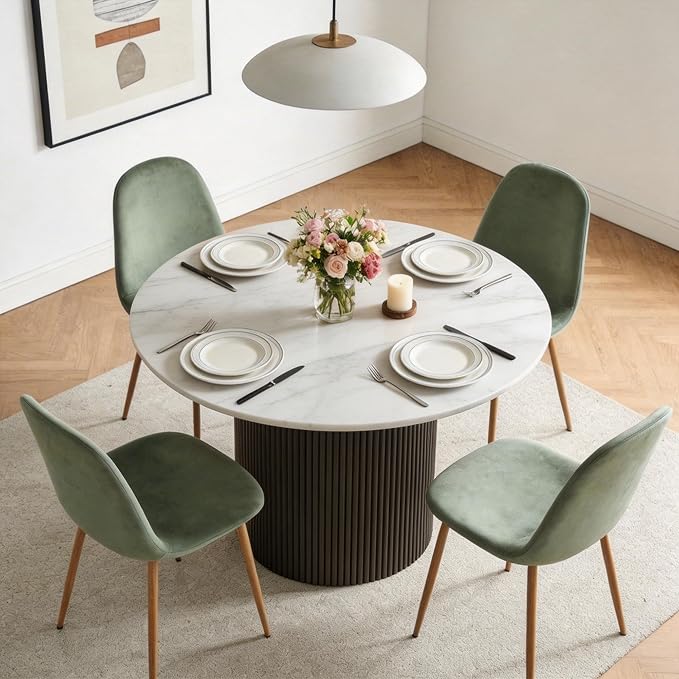 Dining Table Set for 4, Mid Century Modern 47 Inch White Marble-Look Wooden - Image 4