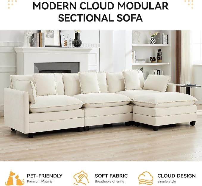 111'' Sectional Cloud Deep Seat Couch, Modern Comfy Chenille L Shaped Sectional - Image 7