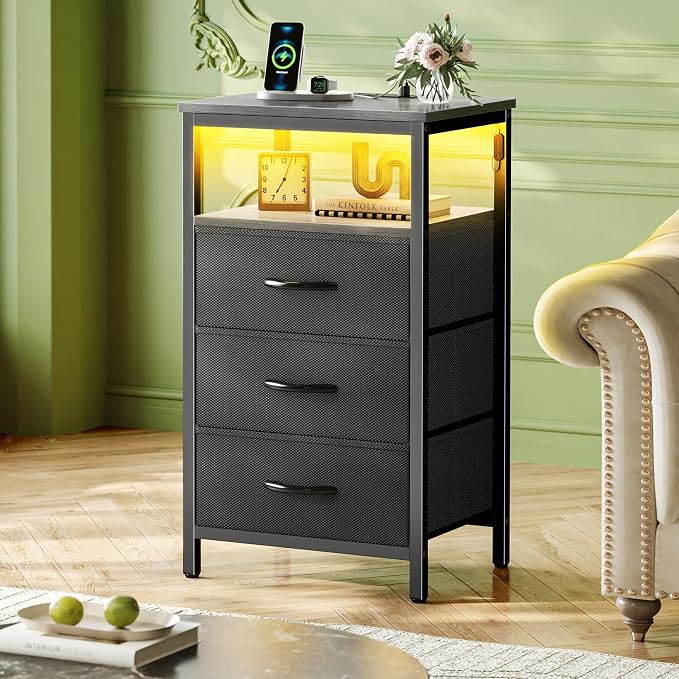 Huuger Night Stand with Charger Station and LED Lights, 3 Drawer Nightstand - Image 2