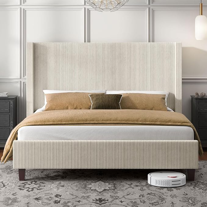 HOWE King Size Bed Frame with 50.8" Tall Wingback Headboard, Modern Corduroy - Image 3