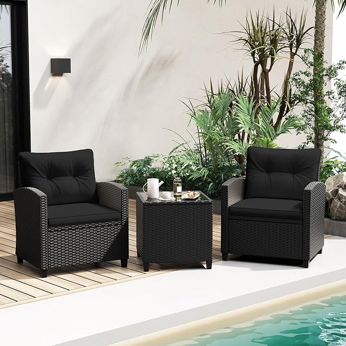 Tangkula 3 Piece Patio Furniture Set, Rattan Conversation Set w/Soft Seat & - Image 3