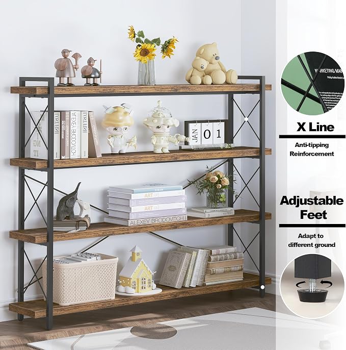 HCHQHS Large Bookshelf, 4-Tier Long Industrial Bookcase, Rustic Brown Book Shelf - Image 6