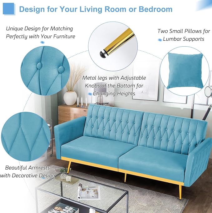 70” Velvet Futon Sofa Bed with 2 Pillows and Adjustable Armrests, Convertible - Image 4