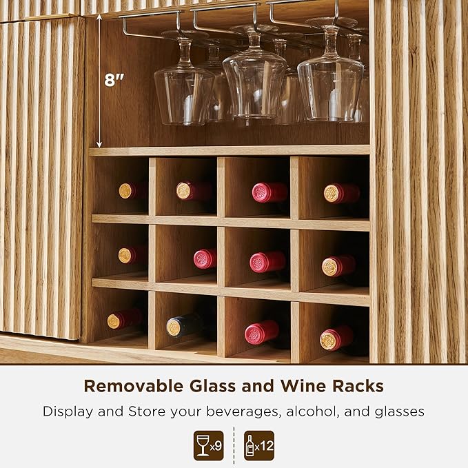 OKD Fluted Wine Bar Cabinet, 3 Drawers, 4 Glass Holders & 12 Wine Racks - Image 5