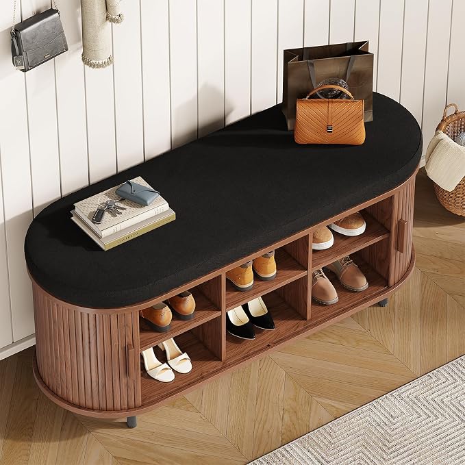 Oval Shoe Storage Bench with Padded Seat Cushion, 2-Tier Fluted Shoe Cabinet - Image 4
