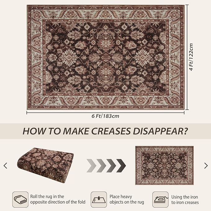 Area Rugs for Living Room, 4x6 Washable Rugs for Bedroom, Non-Slip Retro Floral - Image 2
