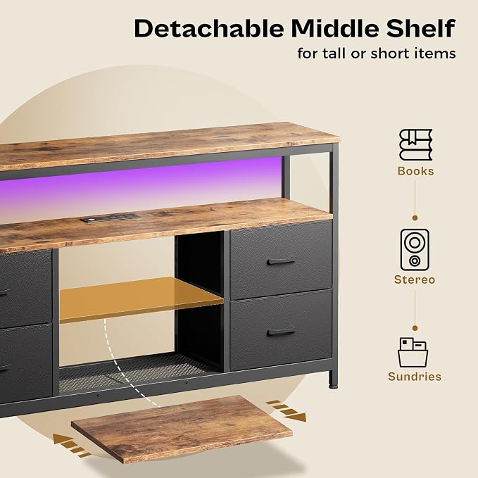 Huuger TV Stand Dresser with Power Outlets and LED Lights, 4 Drawers - Image 5