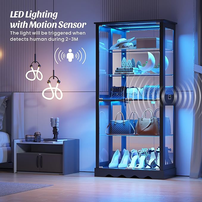 Dystler Display Cabinet with Glass Doors, LED Display Case with Removable Shelf - Image 4