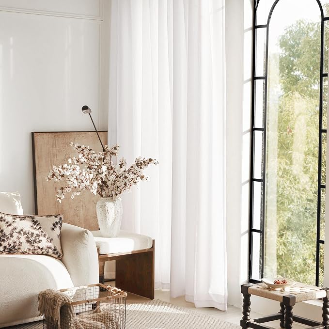 Long White Curtain 108 inches Long 2 Panels Set Back Tab Light Filtering Cotton - Image 6