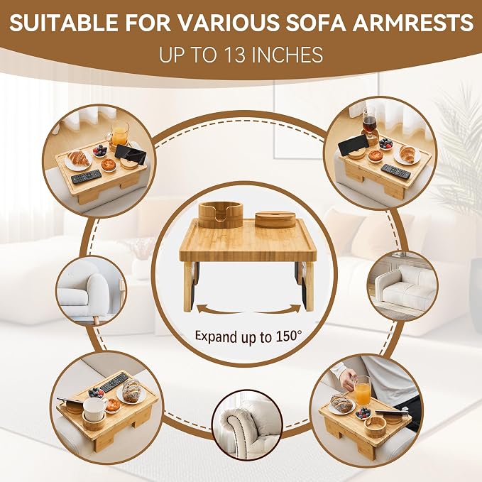 GEHE Real Bamboo Couch Armrest Table, 15.4"x9.8" Couch Arm Tray Table, 3 in 1 - Image 5