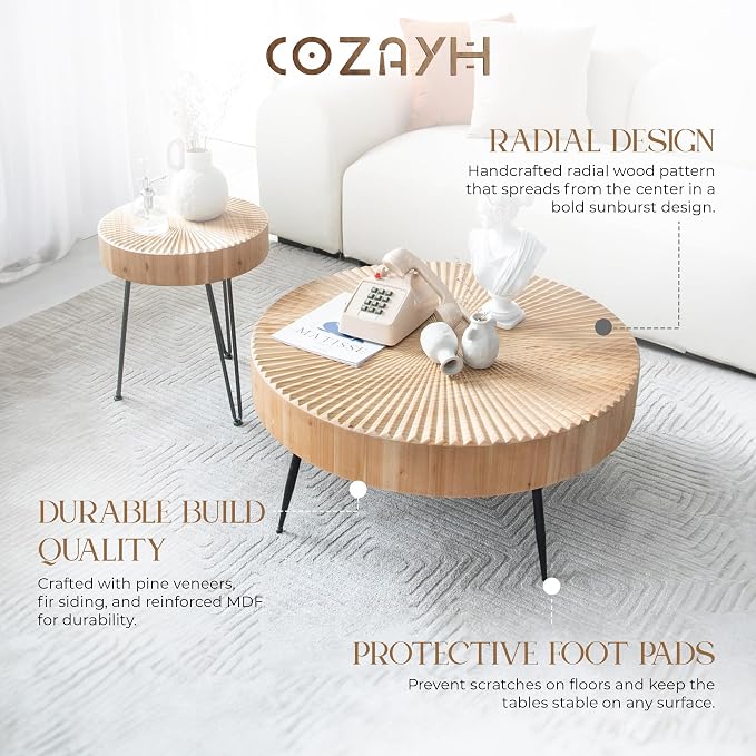 COZAYH 2-Piece Round Nesting Coffee Table Set, Natural Wood Top - Image 4