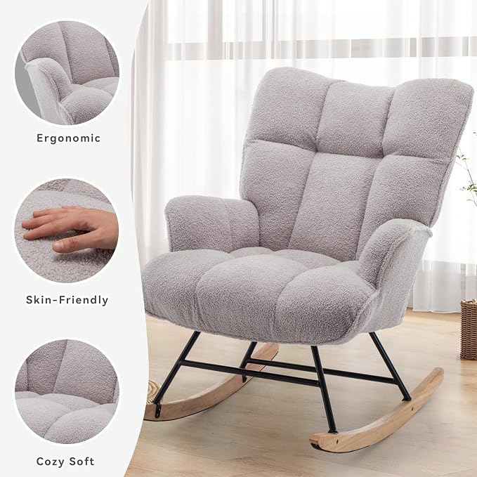 SAETSFEG Rocking Chair Nursery Teddy Upholstered Glider Rocker Rocking Accent - Image 6