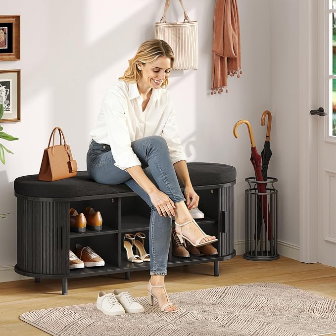 Oval Shoe Storage Bench with Padded Seat Cushion, 2-Tier Fluted Shoe Cabinet - Image 8