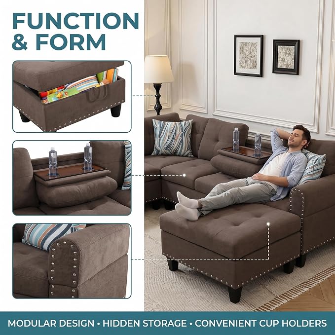 97.5" L Shaped Couch Set Linen, Modular Sectional Couches - Image 4