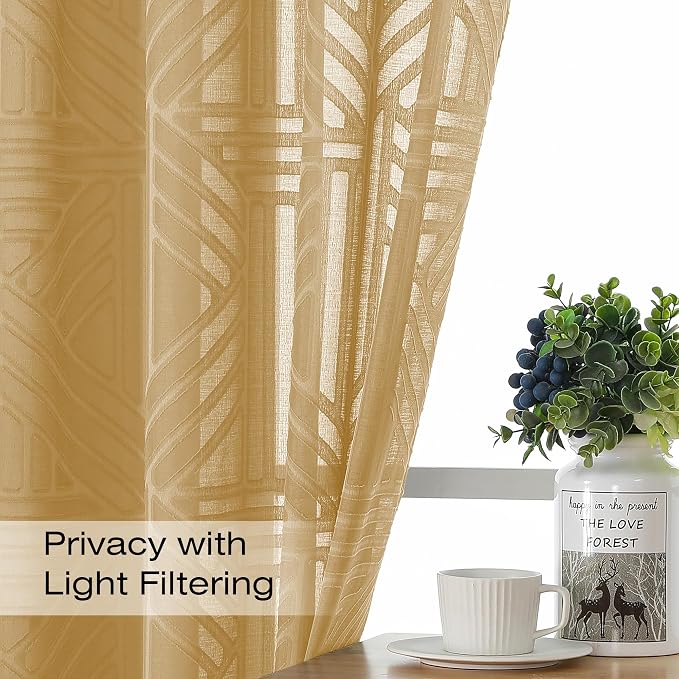 Simplebrand Gold Sheer Kitchen Curtains 36 Inch Length Tier Curtains 2 Panels - Image 2
