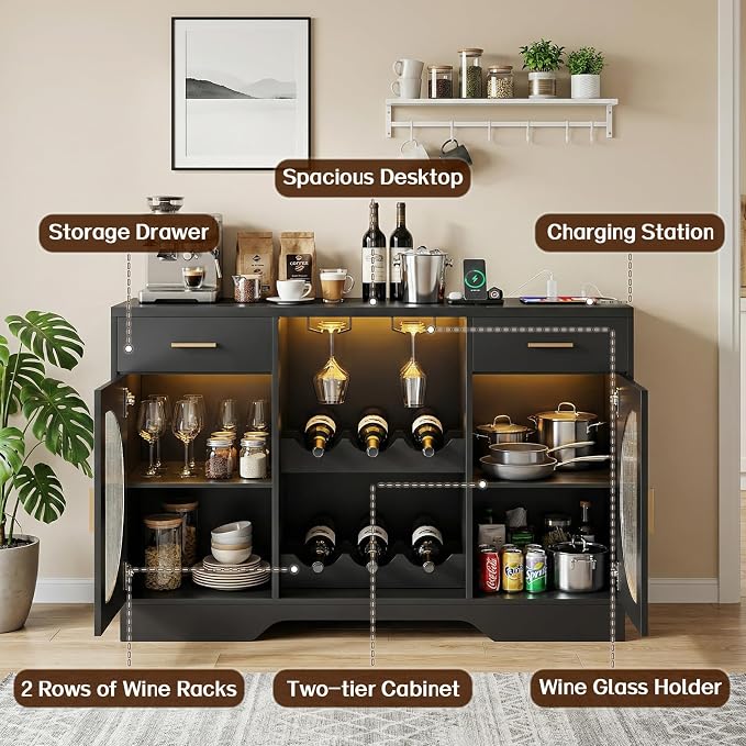 Wine Bar Cabinet with LED Light, Modern Liquor Cabinet Coffee Bar Cabinet - Image 6