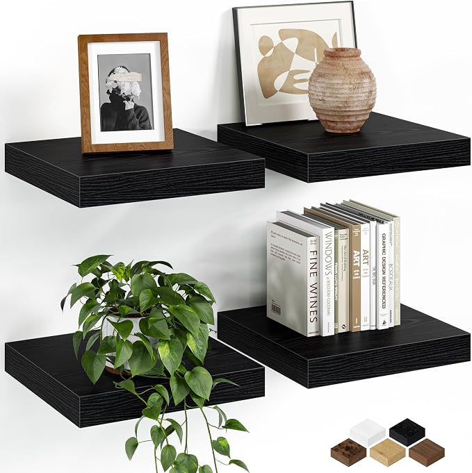 Fun Memories Floating Shelves for Wall, 9.3 Inch Set of 4 Rustic Wood Wall by FunMemories