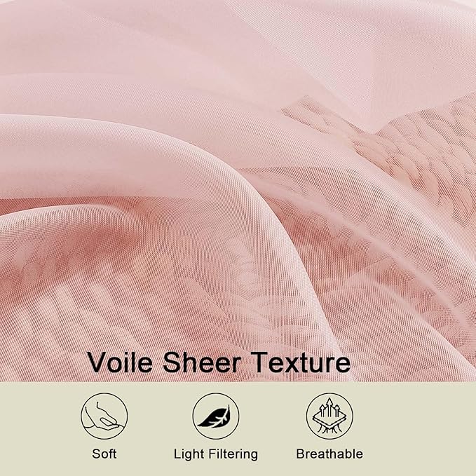 Sheer Blush Curtains for Bedroom Living Room 63 Inch Length 2 Panels, Airy Soft - Image 3