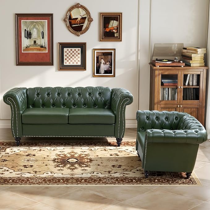 LEVNARY Chesterfield Armchair, Tufted Leather Accent Chair, Mid-Century Modern - Image 7