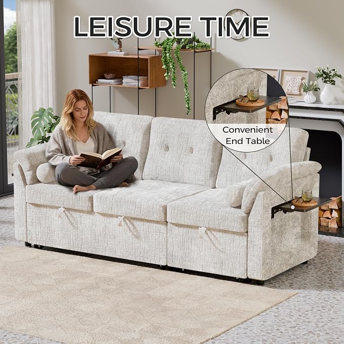 Convertible Sleeper Sofa Bed, 63 Inch Chenille Pull Out Couch - Image 5