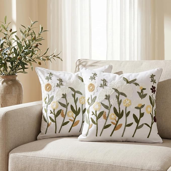 Neutral Floral Embroidered Throw Pillow Covers 20x20 Inch White Daisy Camel - Image 8