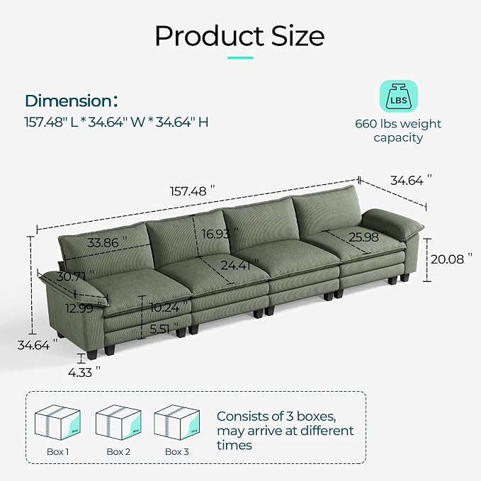 LINSY HOME 157" Modular Sectional Sofa, 4-Seat Corduroy Modern Cloud Couch - Image 2