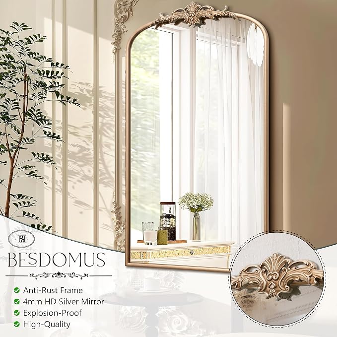 Besdomus Vintage Gold Wall Mirror: 24"x42" French Large Arch Champagne Gold - Image 8
