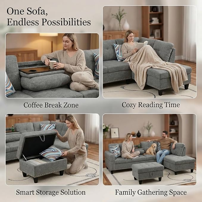 97.5" L Shaped Couch Set Linen, Modular Sectional Couches - Image 6