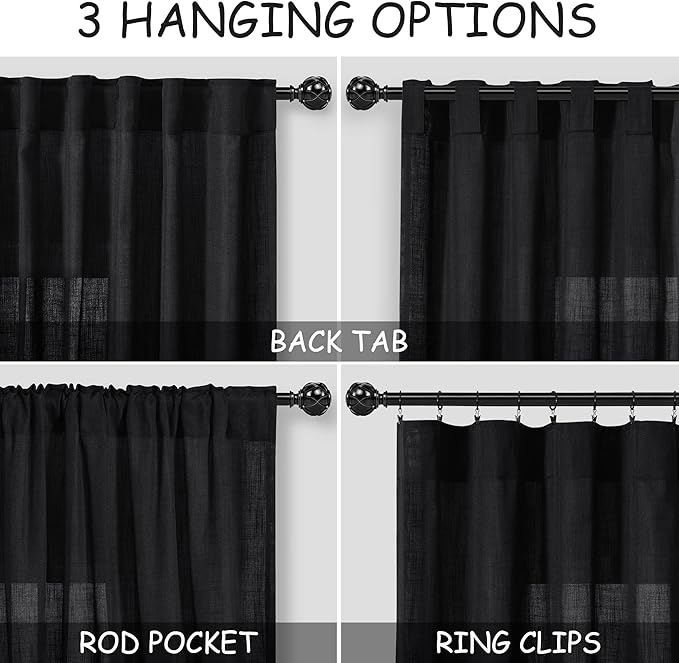 Nanspring Black 102 Inch Linen Curtains - Image 2