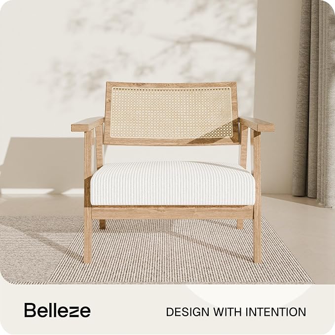 BELLEZE Mid Century Modern Rattan Chair Accent Natural Wood Armchair - Image 3