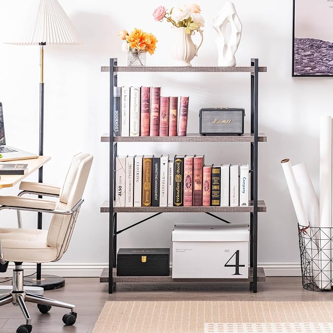 HCHQHS Bookshelf, 4-Tier Industrial Bookcase, Rustic Open Book Shelf, - Image 4