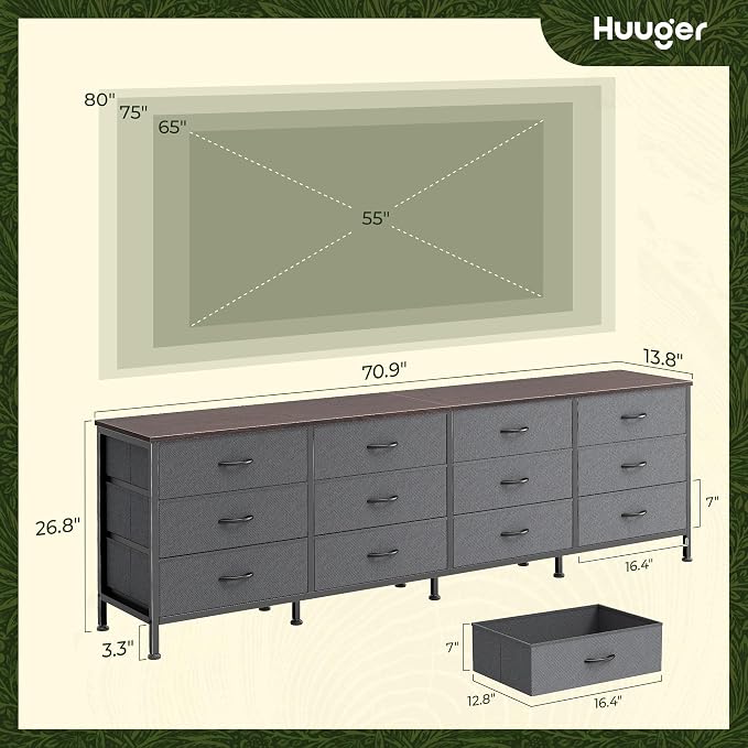 Huuger 70 Inch Dresser for Bedroom, TV Stand for 65, 80 Inch TV, 12 Drawer Long - Image 3